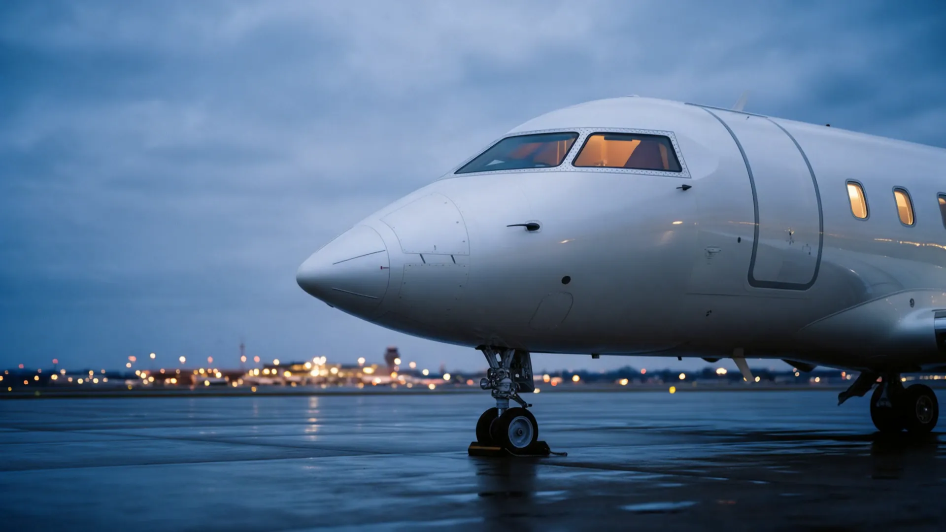 Illustration: a fictional business jet on a wet ramp at dusk, marked with findings from its record.